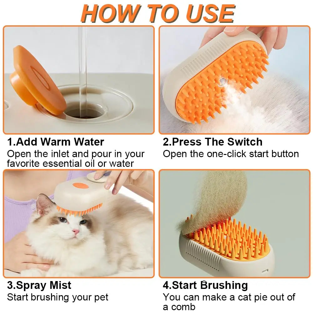 3-in-1 Steam Spray Pet Grooming Brush | Self-Cleaning Massage & Hair Remover for Cats & Dogs