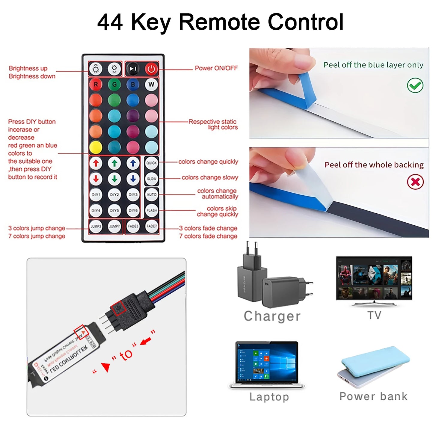 Led Strip Lights with 44 Key Remote Control 1m 5m 10m 20m RGB.